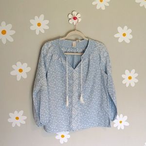 Joie Linen-Cotton Blend Blue Floral Printed Embroidered Tassel Peasant Top